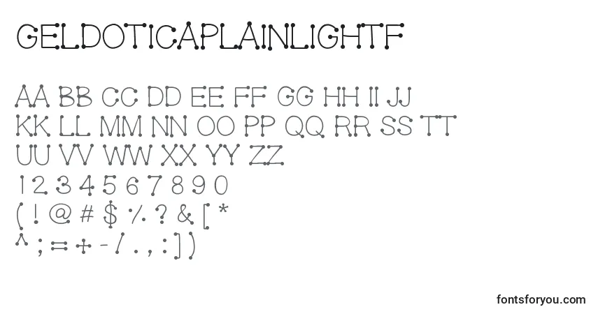 Шрифт Geldoticaplainlightf – алфавит, цифры, специальные символы