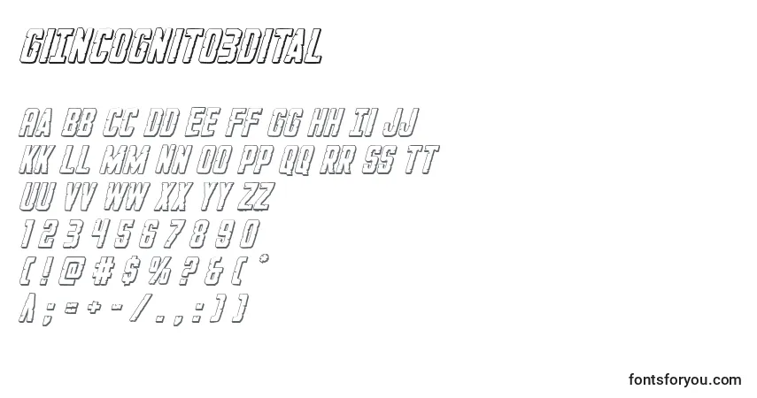 A fonte GiIncognito3Dital – alfabeto, números, caracteres especiais