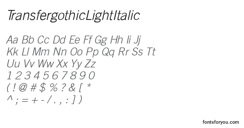Schriftart TransfergothicLightItalic – Alphabet, Zahlen, spezielle Symbole