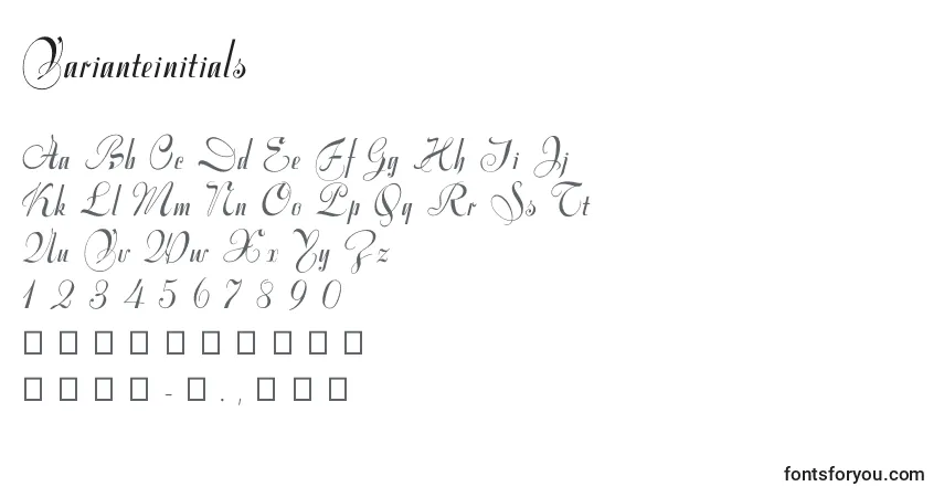 A fonte Varianteinitials – alfabeto, números, caracteres especiais