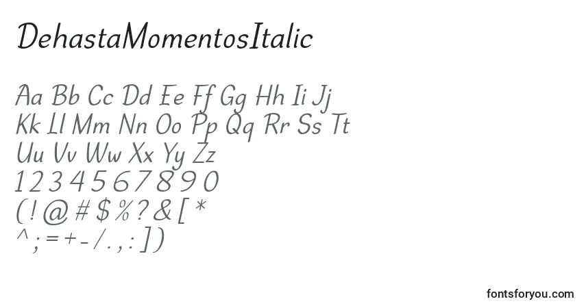 Czcionka DehastaMomentosItalic – alfabet, cyfry, specjalne znaki