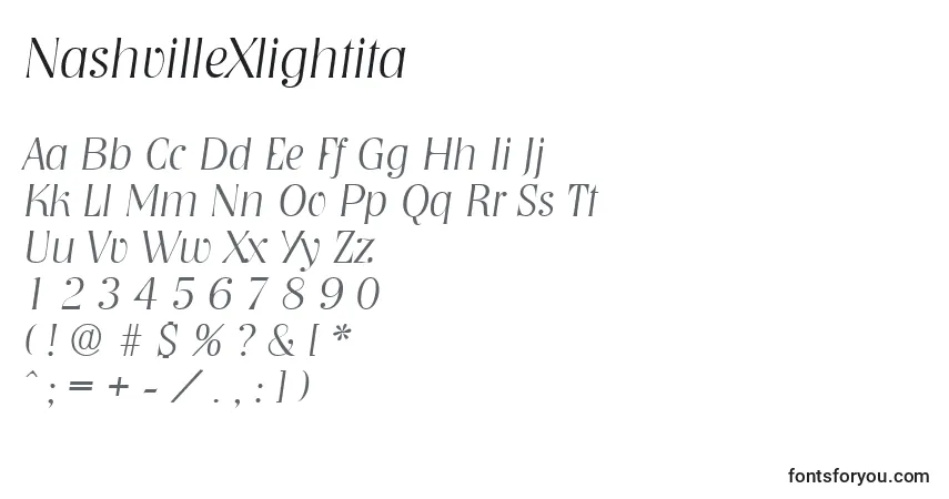 Czcionka NashvilleXlightita – alfabet, cyfry, specjalne znaki