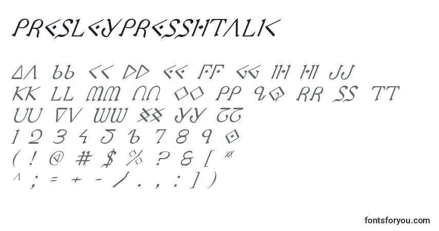 A fonte PresleyPressItalic – alfabeto, números, caracteres especiais