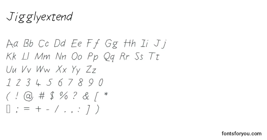 Czcionka Jigglyextend – alfabet, cyfry, specjalne znaki