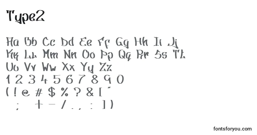 characters of type2 font, letter of type2 font, alphabet of  type2 font