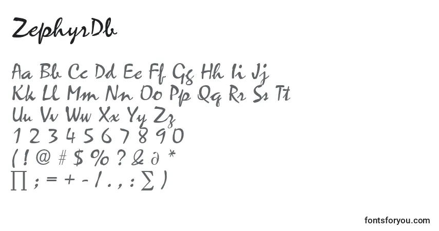 characters of zephyrdb font, letter of zephyrdb font, alphabet of  zephyrdb font
