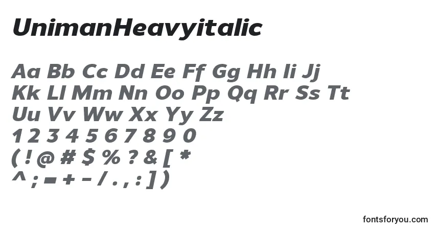 Czcionka UnimanHeavyitalic – alfabet, cyfry, specjalne znaki