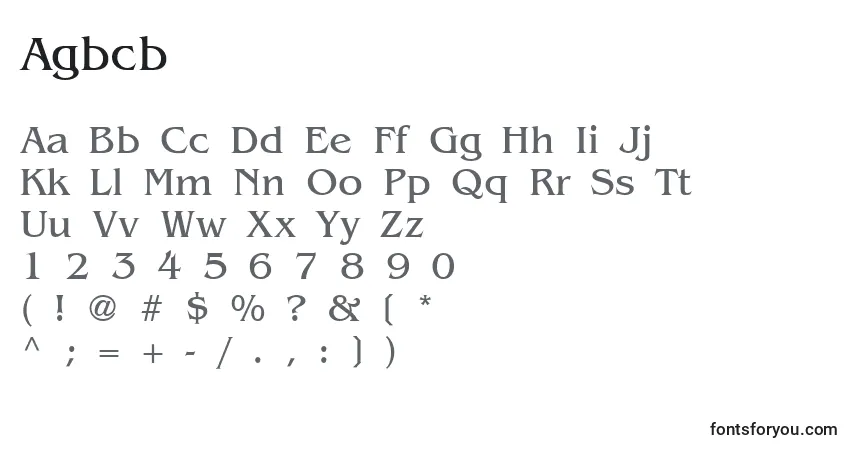 Czcionka Agbcb – alfabet, cyfry, specjalne znaki
