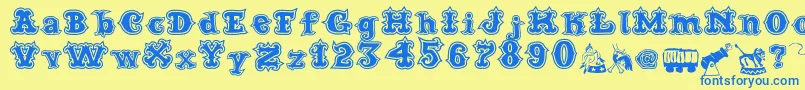 フォントCordelCircoMambembeOutline – 青い文字が黄色の背景にあります。