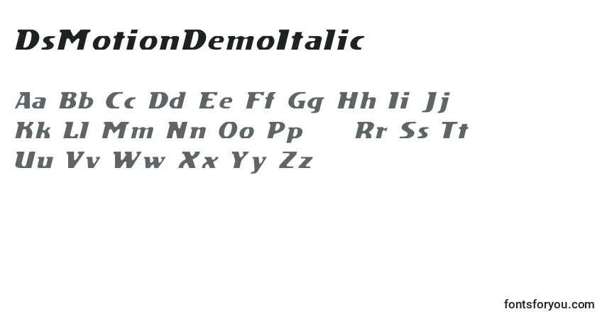Шрифт DsMotionDemoItalic – алфавит, цифры, специальные символы