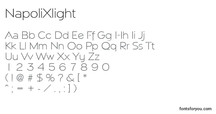 A fonte NapoliXlight – alfabeto, números, caracteres especiais