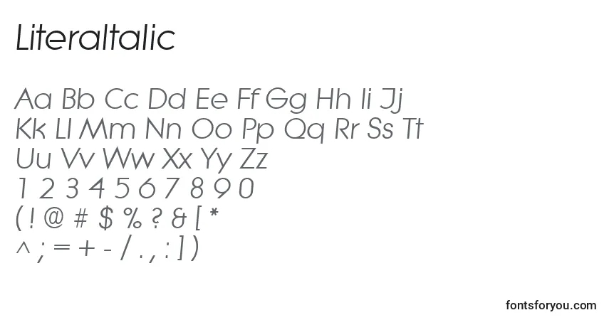 Czcionka LiteraItalic – alfabet, cyfry, specjalne znaki