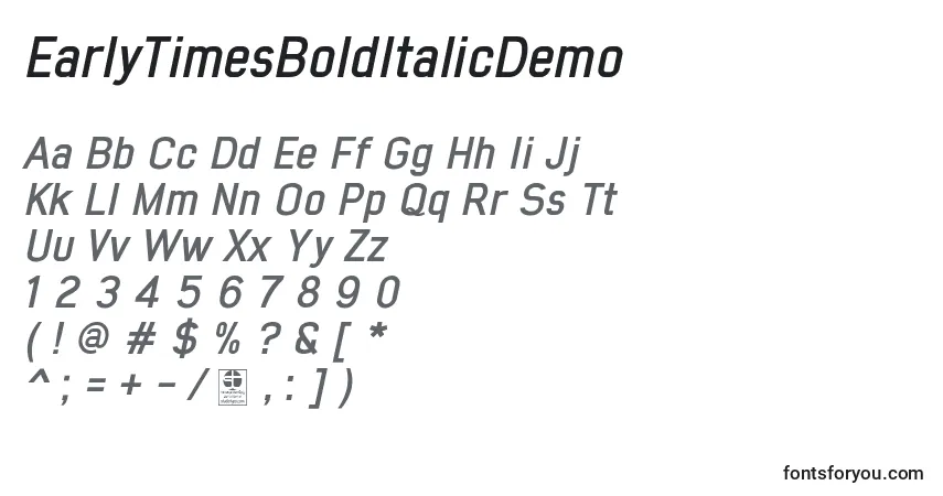 EarlyTimesBoldItalicDemo-fontti – aakkoset, numerot, erikoismerkit