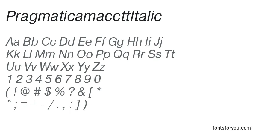 Czcionka PragmaticamaccttItalic – alfabet, cyfry, specjalne znaki