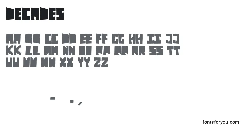 Czcionka Decades – alfabet, cyfry, specjalne znaki