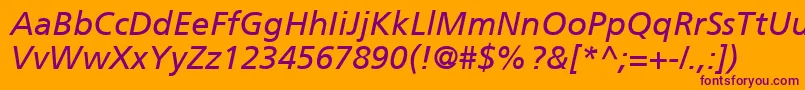 FrutigerCe56Italic-Schriftart – Violette Schriften auf orangefarbenem Hintergrund