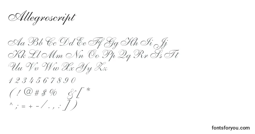 A fonte Allegroscript – alfabeto, números, caracteres especiais