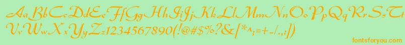 フォントDsadmiral – オレンジの文字が緑の背景にあります。