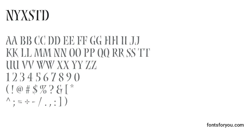 Czcionka Nyxstd – alfabet, cyfry, specjalne znaki