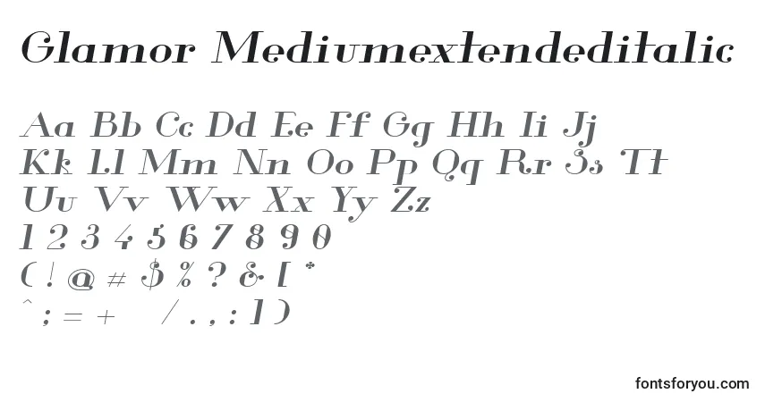 Шрифт Glamor Mediumextendeditalic – алфавит, цифры, специальные символы