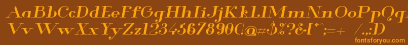 フォントGlamor Mediumextendeditalic – オレンジ色の文字が茶色の背景にあります。