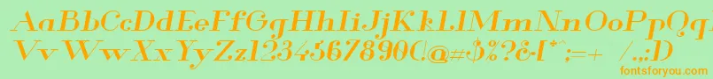 フォントGlamor Mediumextendeditalic – オレンジの文字が緑の背景にあります。