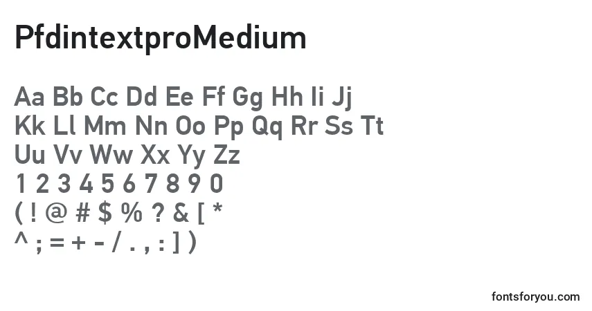 Czcionka PfdintextproMedium – alfabet, cyfry, specjalne znaki