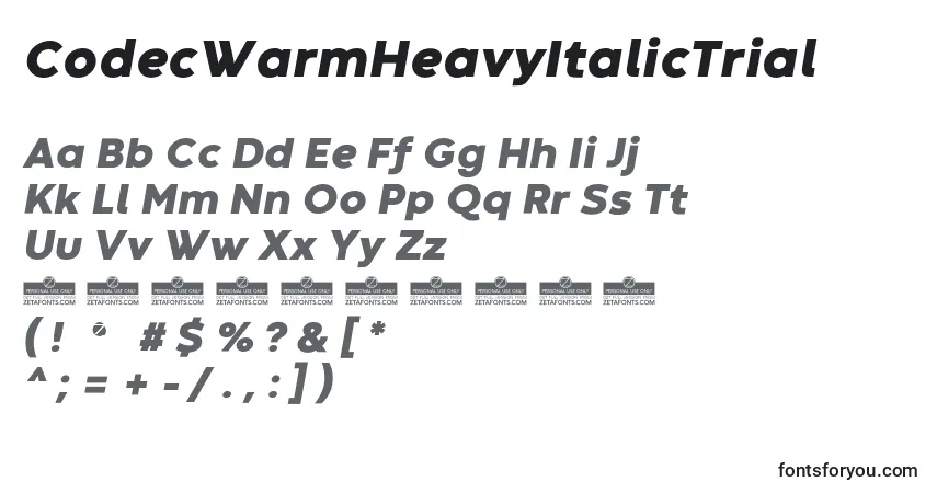 Шрифт CodecWarmHeavyItalicTrial – алфавит, цифры, специальные символы