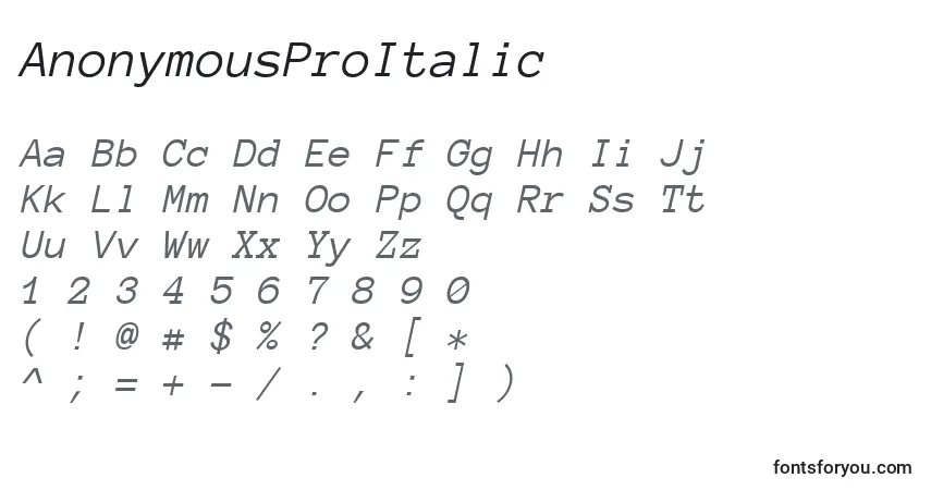 Schriftart AnonymousProItalic – Alphabet, Zahlen, spezielle Symbole