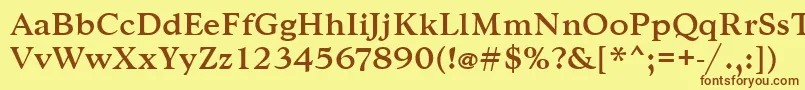 フォントGoudytmed – 茶色の文字が黄色の背景にあります。
