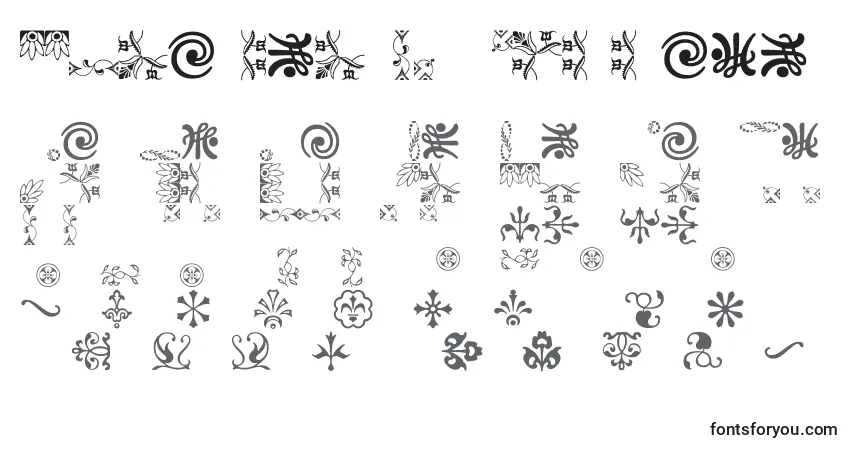 Schriftart Ornamentsvillage – Alphabet, Zahlen, spezielle Symbole