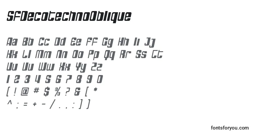 A fonte SfDecotechnoOblique – alfabeto, números, caracteres especiais