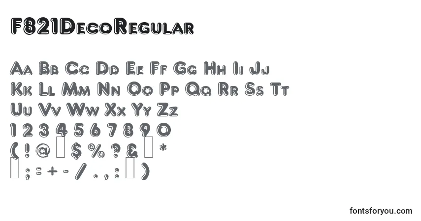 Czcionka F821DecoRegular – alfabet, cyfry, specjalne znaki