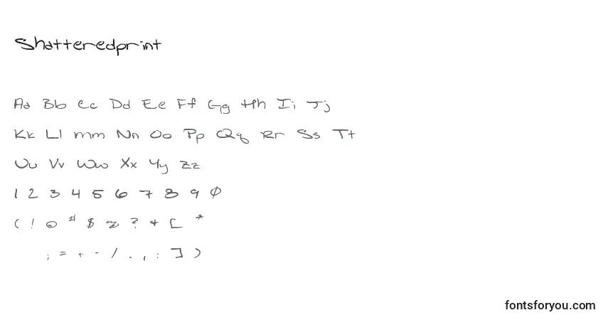 Czcionka Shatteredprint – alfabet, cyfry, specjalne znaki