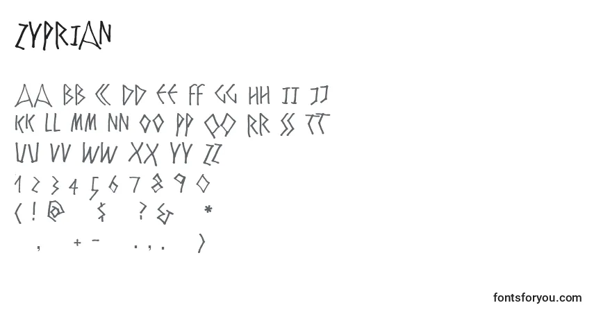 characters of zyprian font, letter of zyprian font, alphabet of  zyprian font