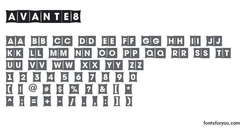 characters of avante8 font, letter of avante8 font, alphabet of  avante8 font