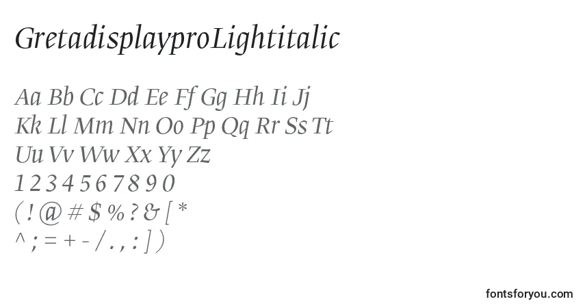 Шрифт GretadisplayproLightitalic – алфавит, цифры, специальные символы