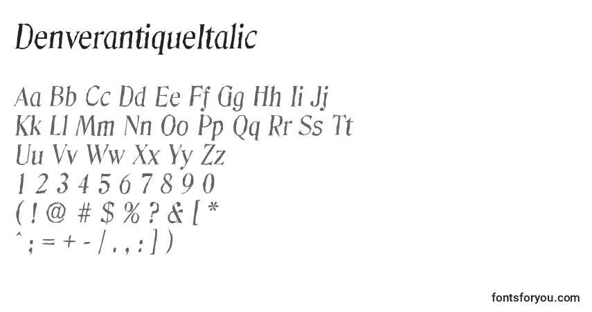 A fonte DenverantiqueItalic – alfabeto, números, caracteres especiais
