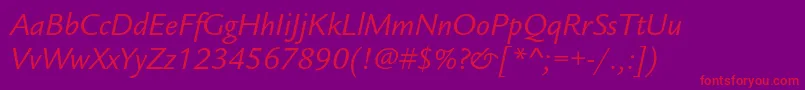 LegacysansstdBookitalic-Schriftart – Rote Schriften auf violettem Hintergrund