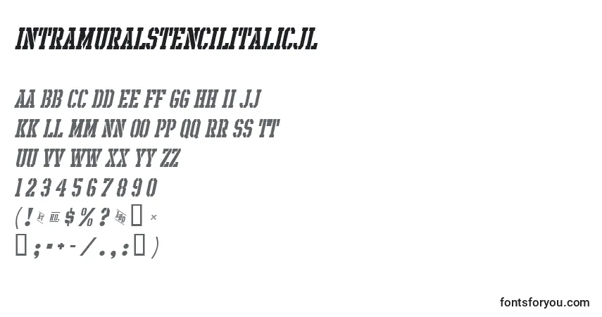 Czcionka IntramuralStencilItalicJl – alfabet, cyfry, specjalne znaki