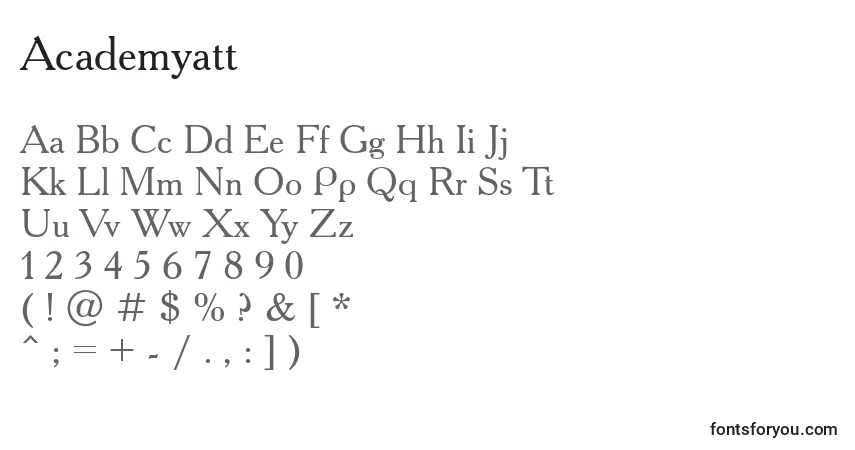 A fonte Academyatt – alfabeto, números, caracteres especiais