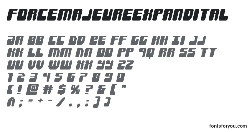 A fonte Forcemajeureexpandital – alfabeto, números, caracteres especiais