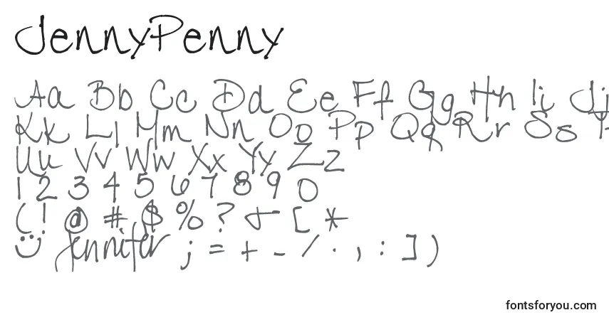 Czcionka JennyPenny – alfabet, cyfry, specjalne znaki
