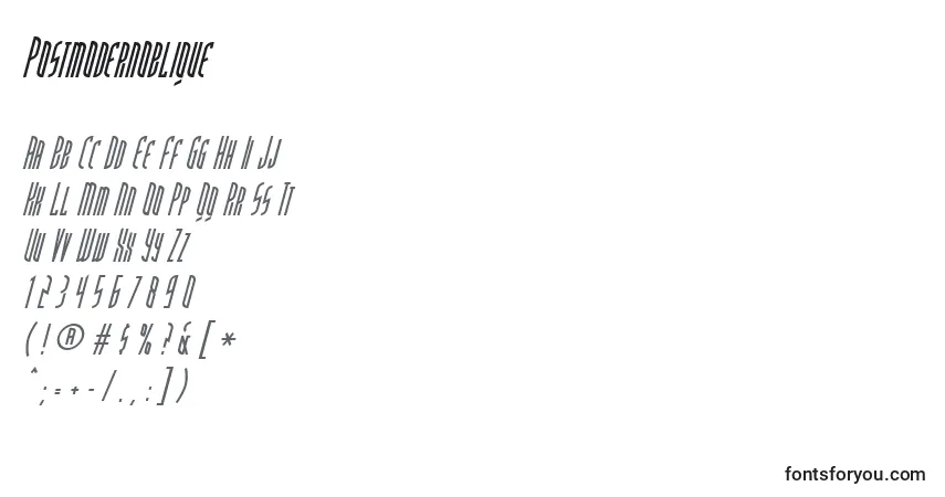 Czcionka Postmodernoblique – alfabet, cyfry, specjalne znaki