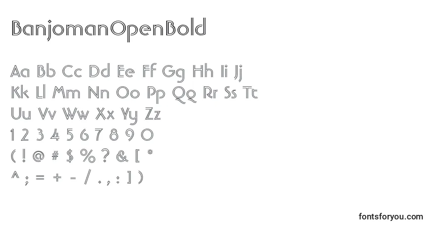 characters of banjomanopenbold font, letter of banjomanopenbold font, alphabet of  banjomanopenbold font