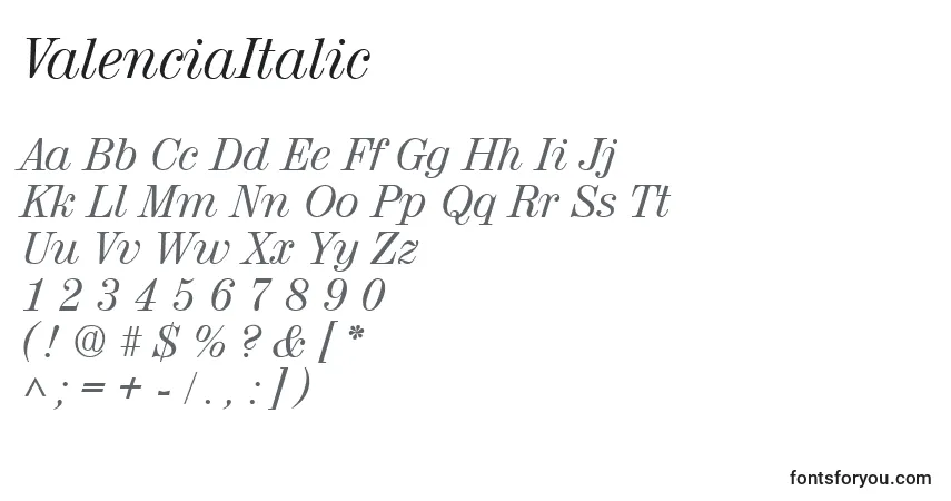 ValenciaItalicフォント–アルファベット、数字、特殊文字