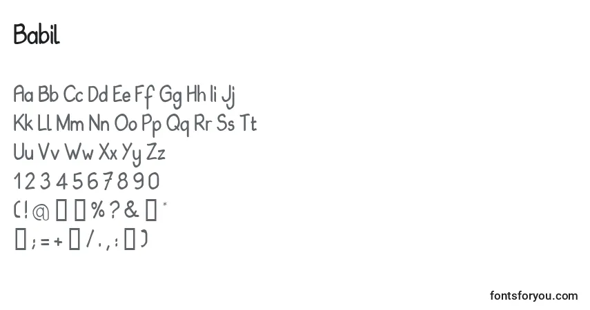 Schriftart Babil – Alphabet, Zahlen, spezielle Symbole