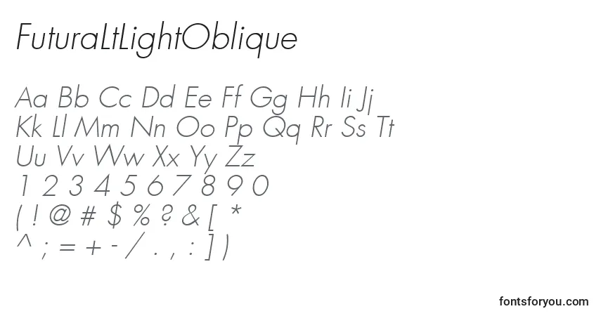 A fonte FuturaLtLightOblique – alfabeto, números, caracteres especiais