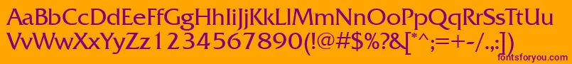 Frizquadratattt-Schriftart – Violette Schriften auf orangefarbenem Hintergrund
