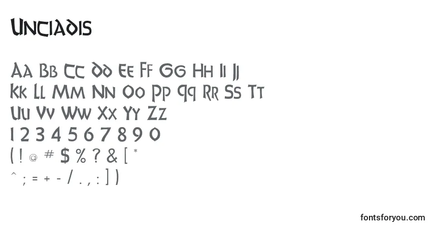 A fonte Unciadis – alfabeto, números, caracteres especiais